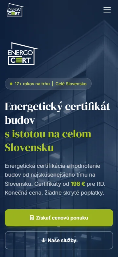 ENERGOCERT GROUP — webstránka pre energetickú certifikáciu budov, ukážka — mobilné zobrazenie
