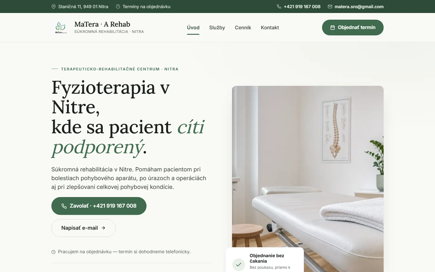 MaTera · A Rehab, Nitra — webstránka pre rehabilitačné centrum