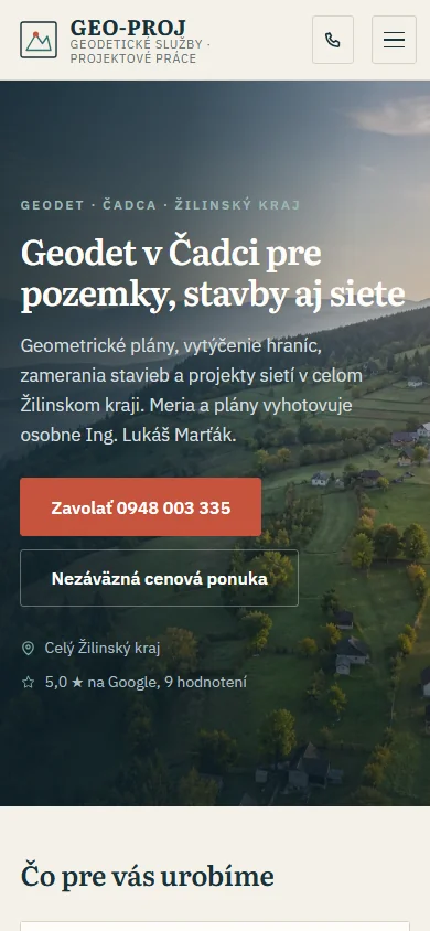 Úvod webu GEO-PROJ v Čadci: kysucká krajina, tlačidlo na telefonát a na cenovú ponuku. — mobilné zobrazenie