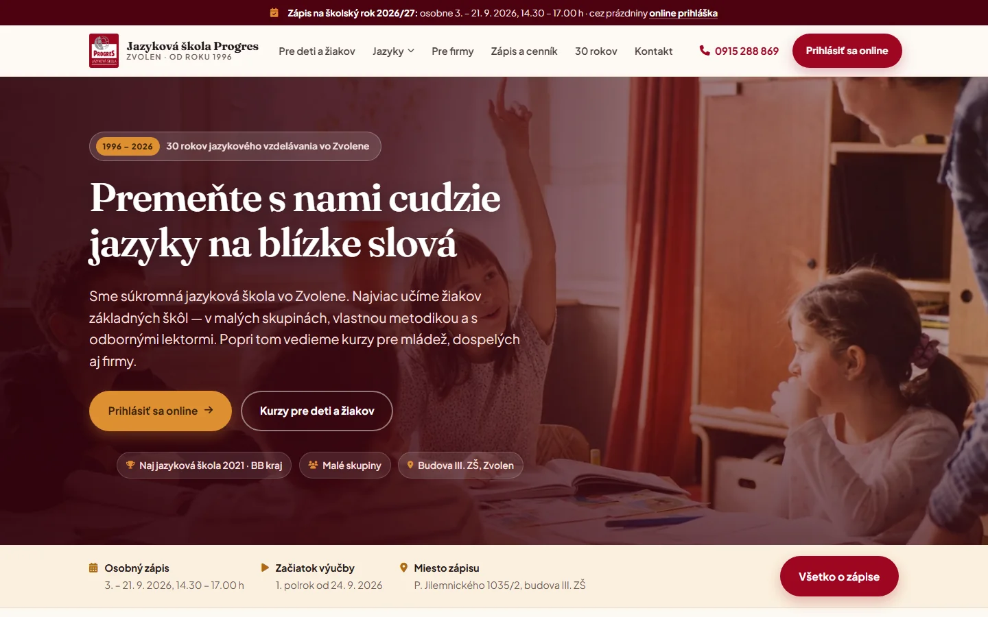 Jazyková škola Progres, Zvolen — webstránka pre jazykovú školu