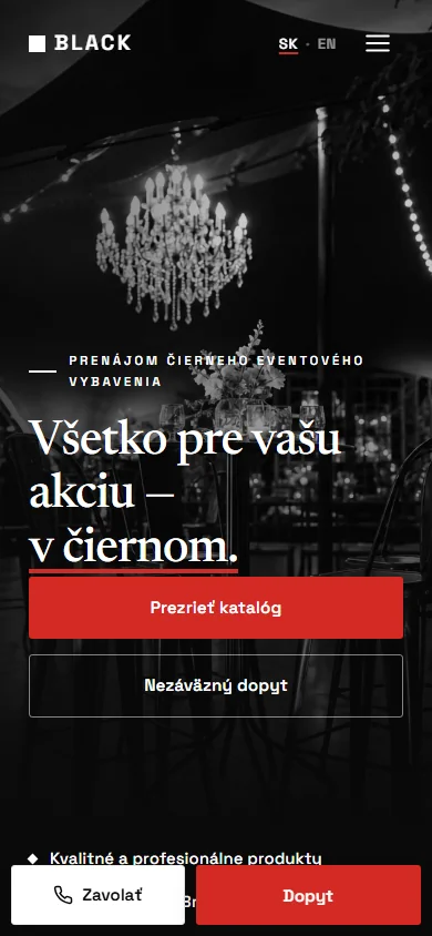Black Event Rentals — webstránka pre požičovňu párty stanov a eventového vybavenia, ukážka — mobilné zobrazenie