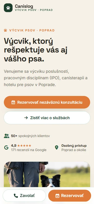 Canislog Poprad — webstránka pre psiu školu, ukážka — mobilné zobrazenie