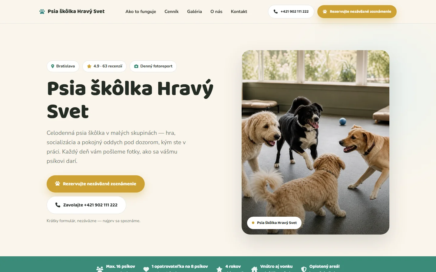 Psia škôlka Hravý Svet — webstránka pre psiu škôlku, ukážka