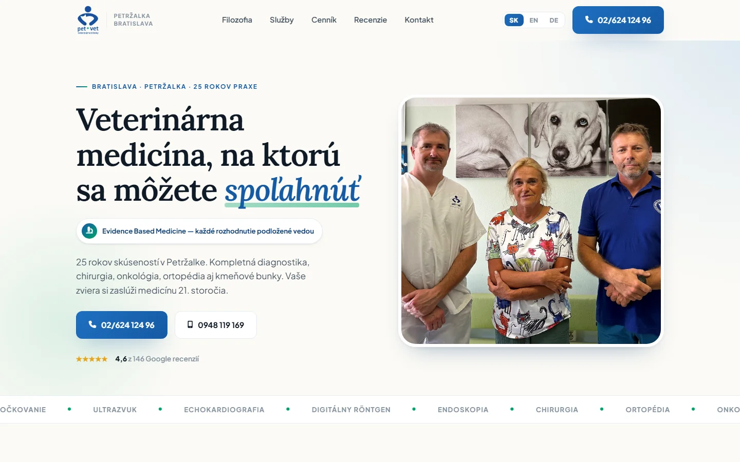 PetVet Veterinárna klinika, Bratislava-Petržalka — webstránka pre veterinárnu kliniku