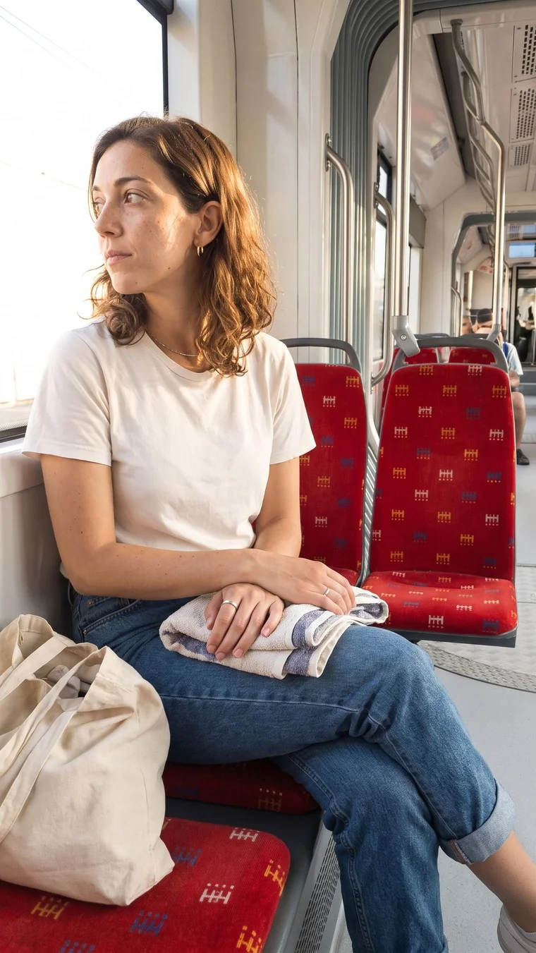 Vygenerovaný interiér električky s červenými čalúnenými sedačkami vo vzore ForCity.
