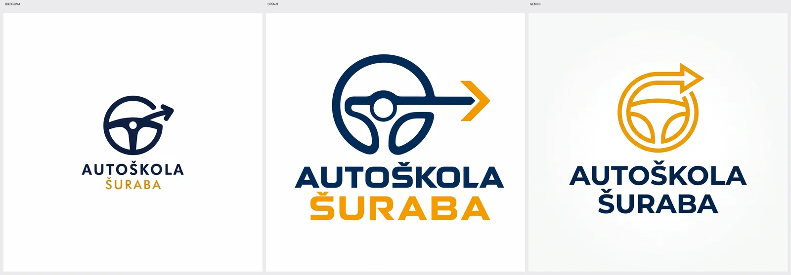 Tri verzie loga AUTOŠKOLA ŠURABA so slovenskou diakritikou od Ideogramu, gpt-image-2 a Gemini.