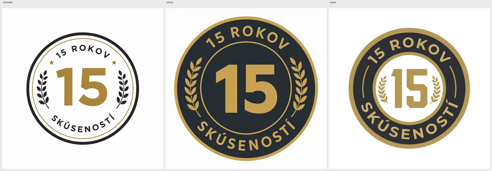 Odznak s textom 15 ROKOV SKÚSENOSTÍ po oblúku v troch verziách: Ideogram v4, gpt-image-2, Gemini.