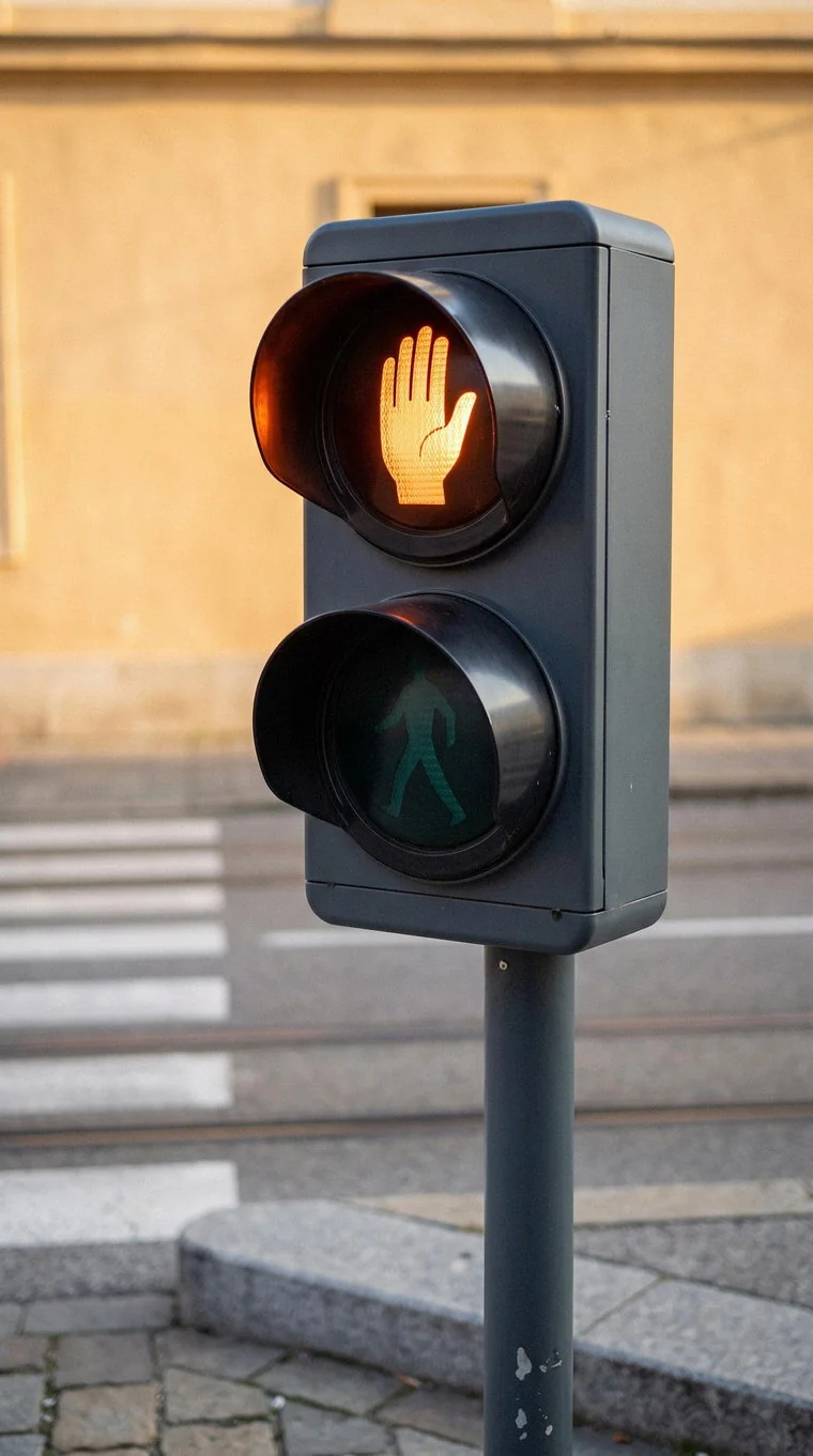 Semafor pre chodcov s oranžovou zdvihnutou dlaňou